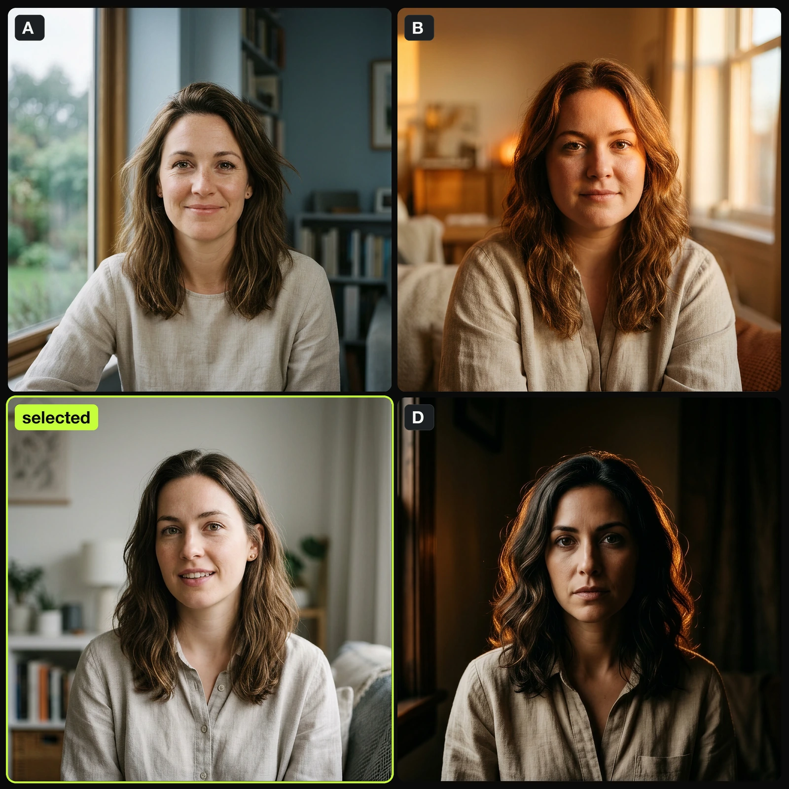Lighting variation passes on the same portrait