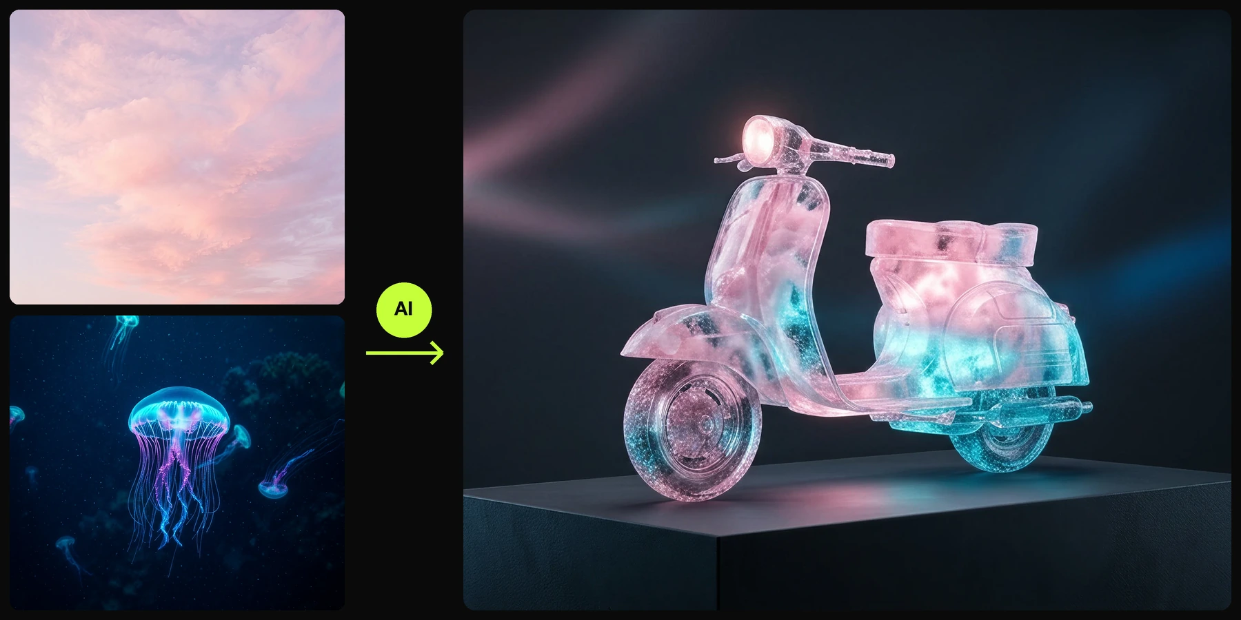 Style transfer applying a crystalline reference look to a scooter