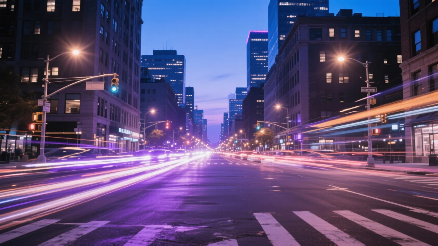 Cinematic city intersection at dusk illustrating Wan-VAE scale and open-weight video encoding