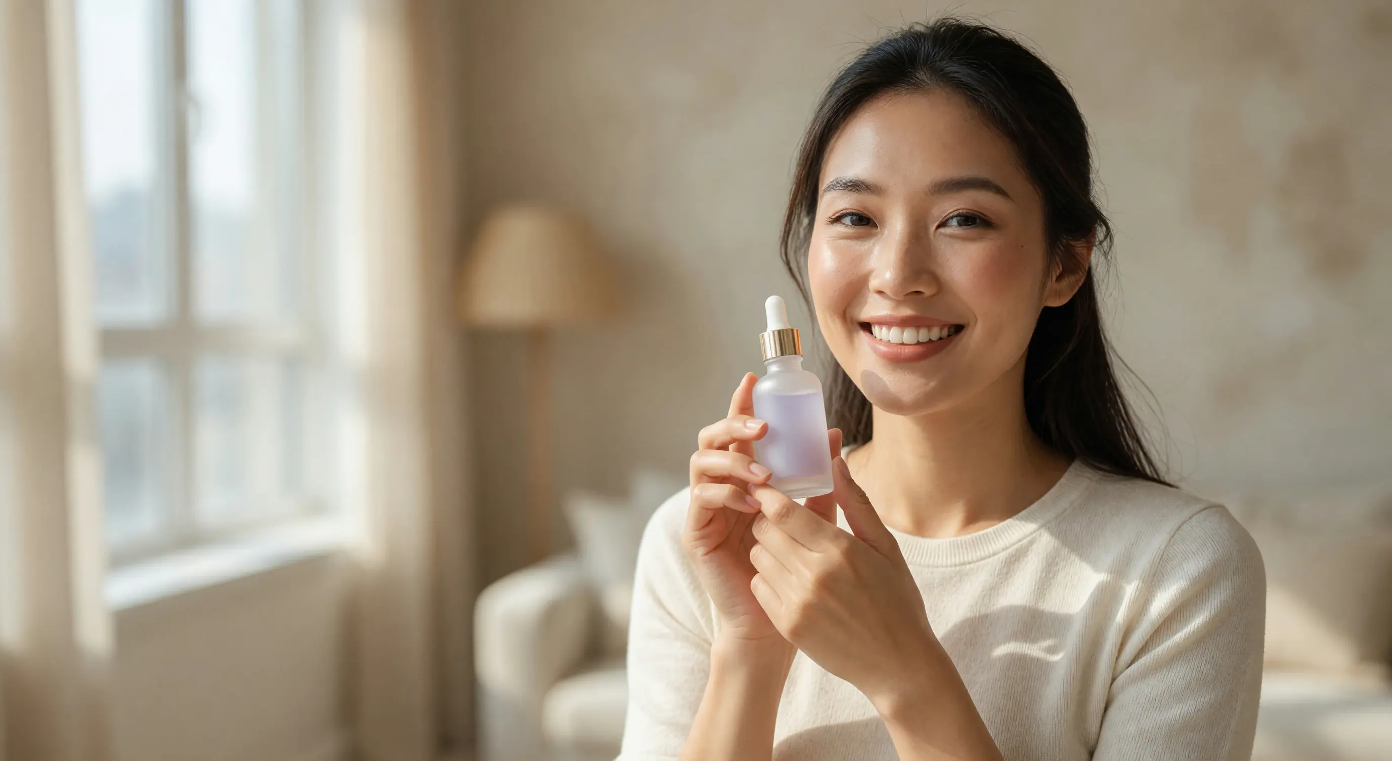 hero image woman holding skincare bottle smiling